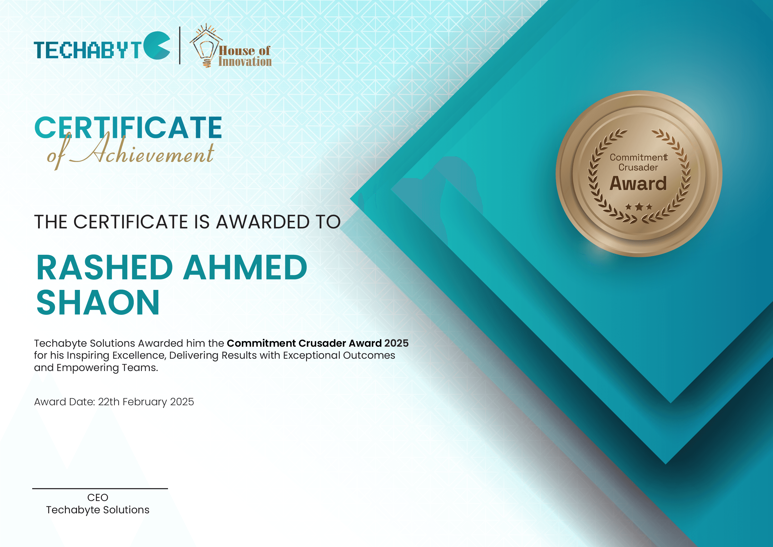 Certificate of Achievement awarded to Rashed Ahmed Shaon by Techabyte Solutions for the Commitment Crusader Award 2025